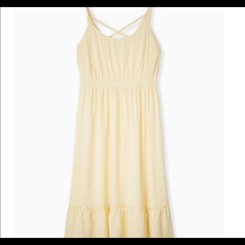 LIGHT YELLOW CHALLIS TIE SHIRRED HEM MIDI DRESS